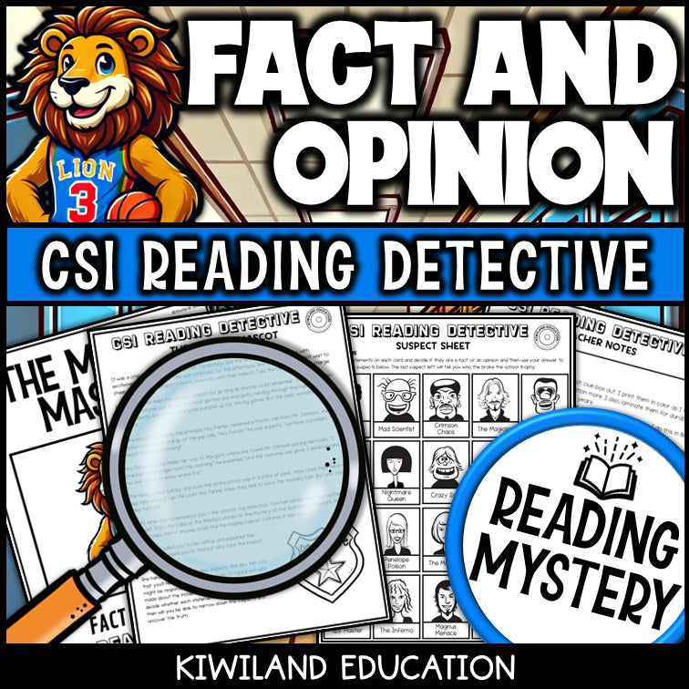 Fact and Opinion task cards sample – Leo the Lion mascot mystery