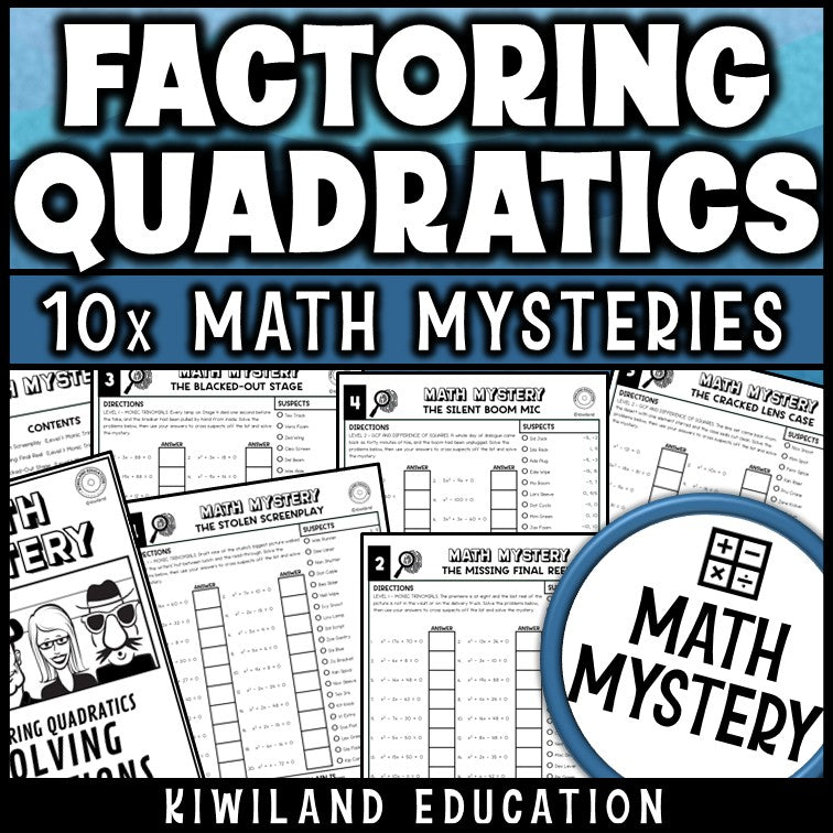 Factoring quadratics and trinomials worksheets for Algebra 1, printable math mystery detective pack