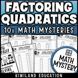 Factoring quadratics and trinomials worksheets for Algebra 1, printable math mystery detective pack