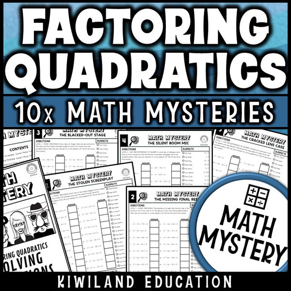 Factoring quadratics and trinomials worksheets for Algebra 1, printable math mystery detective pack