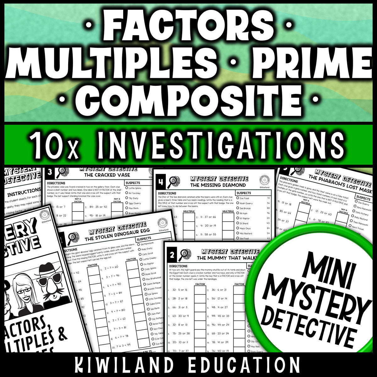 Factors and multiples worksheets for 4th grade math, ten no prep museum detective cases on factor pairs, multiples, and prime and composite numbers