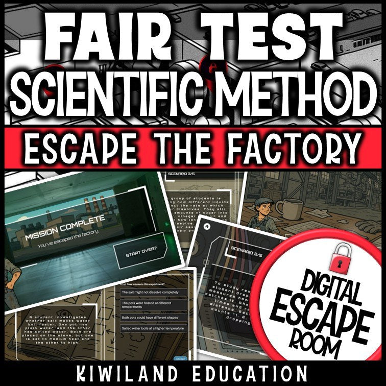 No-prep scientific method review game with self-checking factory escape locks