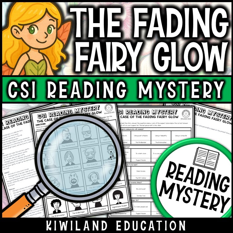 Fairies fiction reading mystery comprehension questions worksheet with suspect line-up