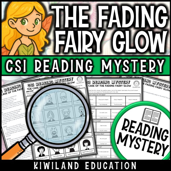 Fairies fiction reading mystery comprehension questions worksheet with suspect line-up