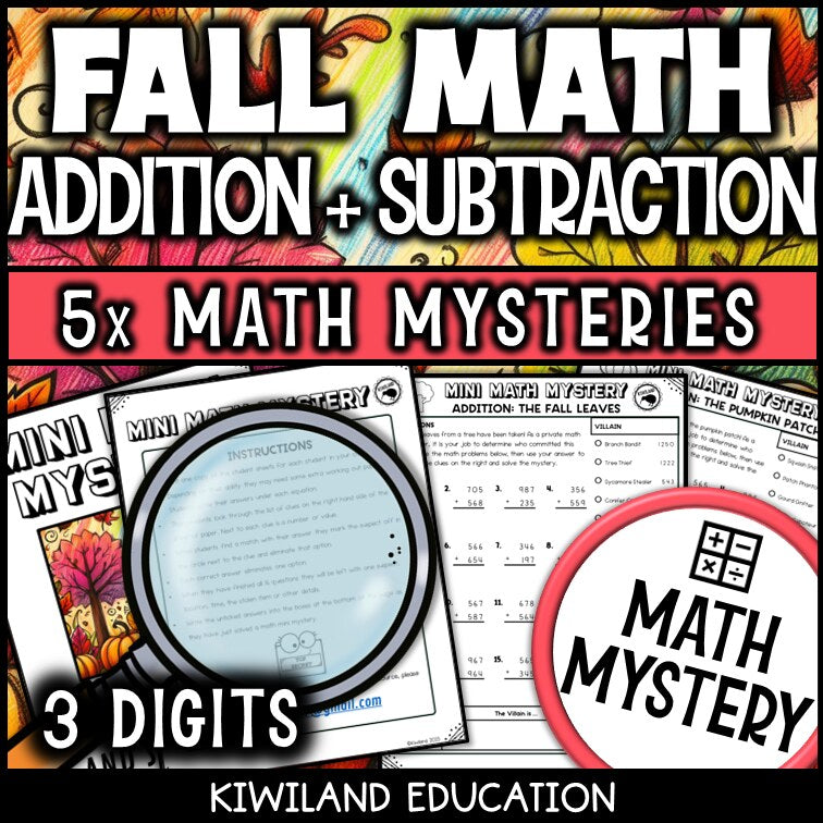 Fall 3-digit addition and subtraction math mystery worksheet sample page
