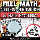 Fall 3-digit addition and subtraction math mystery worksheet sample page