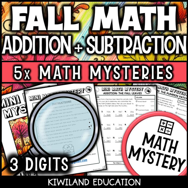 Fall 3-digit addition and subtraction math mystery worksheet sample page