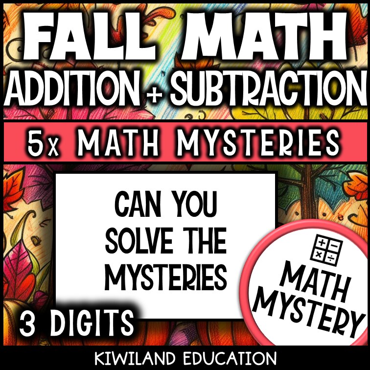 Fall 3-digit addition and subtraction math mystery activity preview