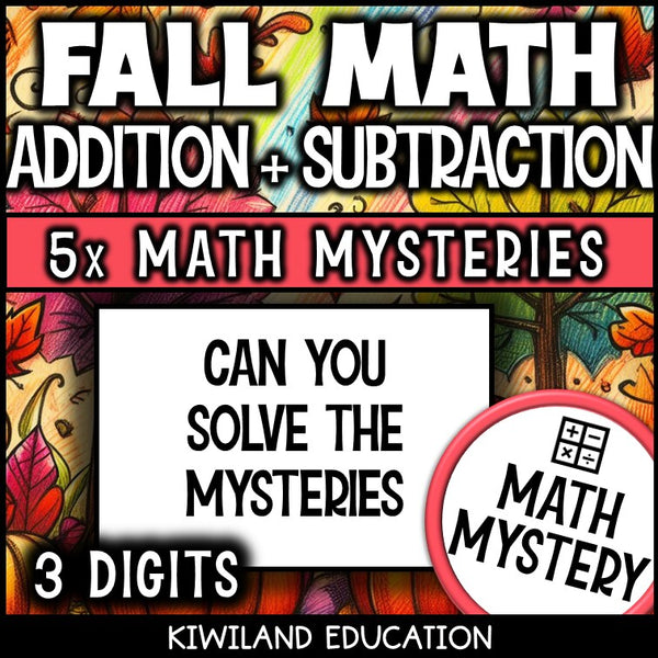 Fall 3-digit addition and subtraction math mystery activity preview