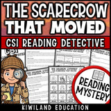 Fall reading comprehension passages and questions CSI reading mystery cover, The Scarecrow That Moved, grades 3-5