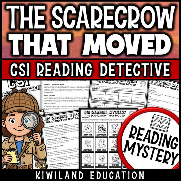 Fall reading comprehension passages and questions CSI reading mystery cover, The Scarecrow That Moved, grades 3-5