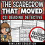 Fall reading comprehension passages and questions CSI reading mystery cover, The Scarecrow That Moved, grades 3-5