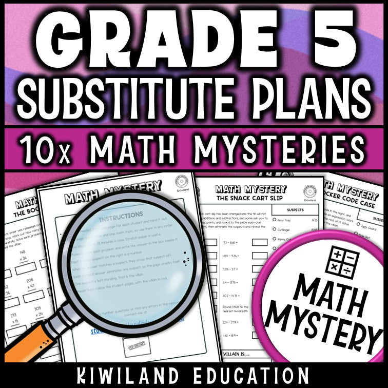 Fifth grade math sub plans, no prep printable and self checking with answer keys included