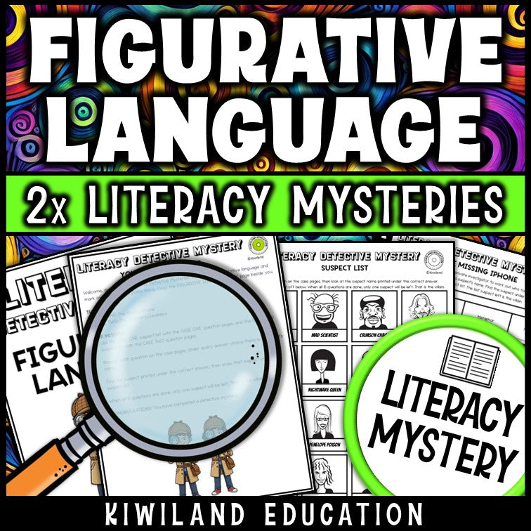 Figurative language activity worksheets with student instructions and a sixteen suspect detective lineup, print and go ELA mystery for reading centers