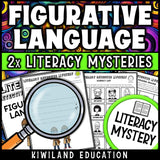 Figurative language activity worksheets with student instructions and a sixteen suspect detective lineup, print and go ELA mystery for reading centers