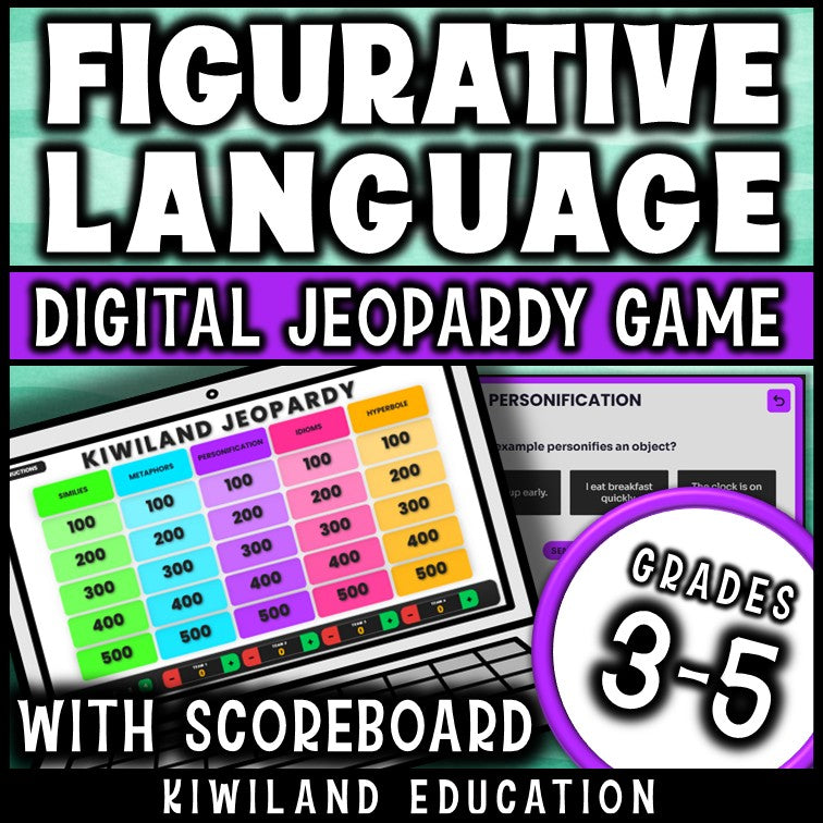 Figurative language digital Jeopardy game cover, ELA review for grades 3–6