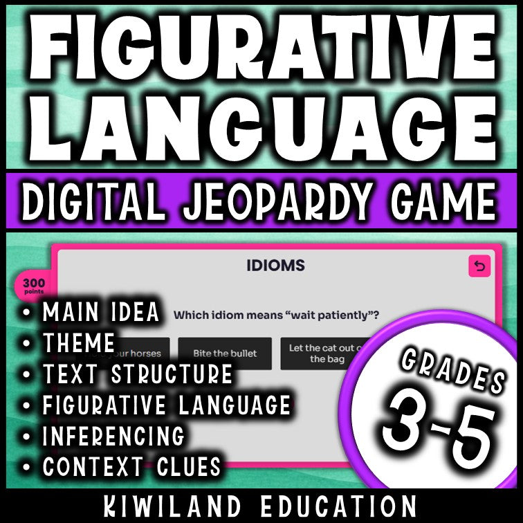 Jeopardy game board with figurative language categories and point values