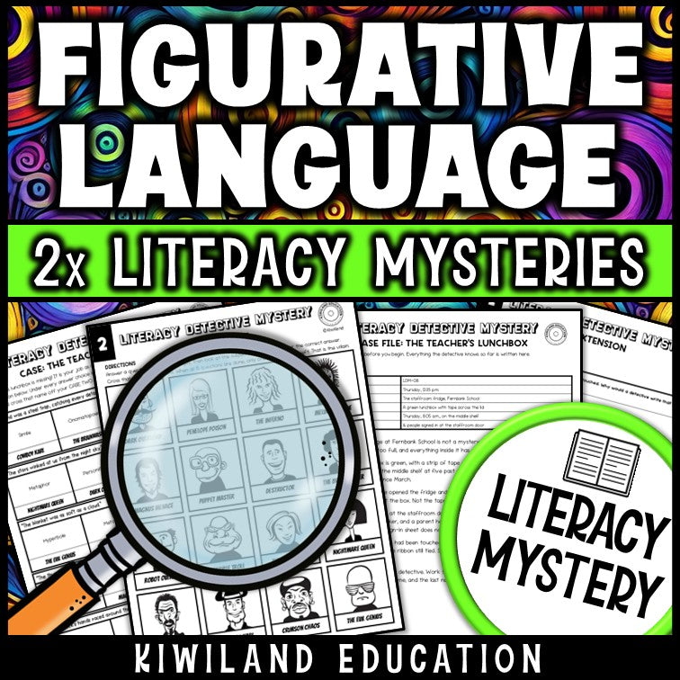 Figurative language practice pages with an illustrated case file and written response extension, self-checking printable with full answer keys