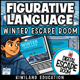 Figurative language winter digital escape room cover, grades 3–6 ELA