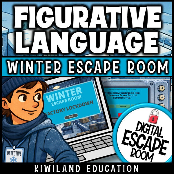Figurative language winter digital escape room cover, grades 3–6 ELA