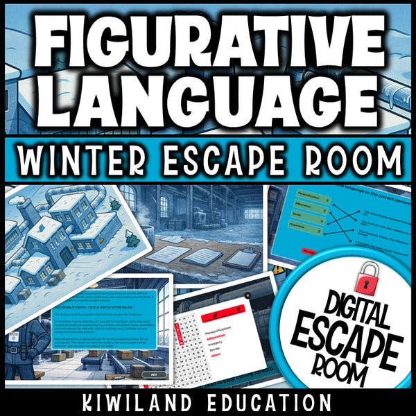 Winter-themed figurative language escape room puzzle screen