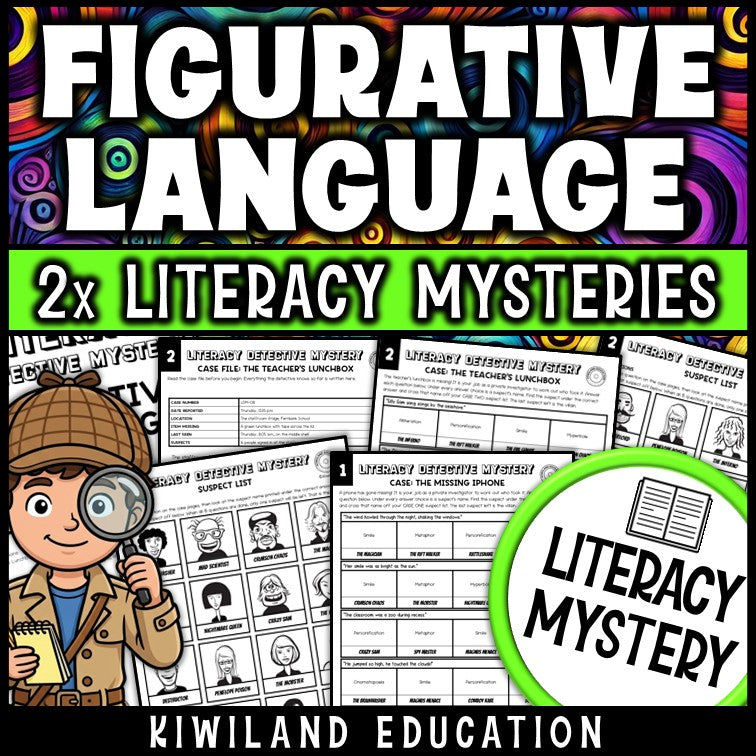 Figurative language worksheets for 3rd 4th 5th 6th grade covering simile, metaphor, personification and hyperbole, no-prep printable Literacy Mystery