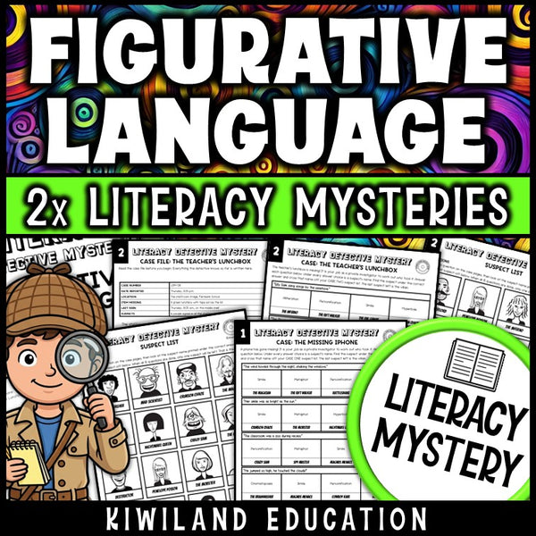 Figurative language worksheets for 3rd 4th 5th 6th grade covering simile, metaphor, personification and hyperbole, no-prep printable Literacy Mystery