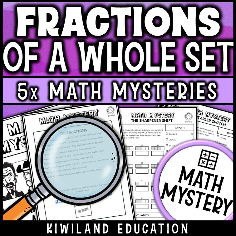Finding a fraction of a whole set for third grade, no prep printable math mystery pages