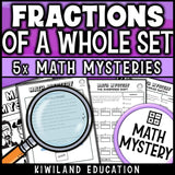 Finding a fraction of a whole set for third grade, no prep printable math mystery pages