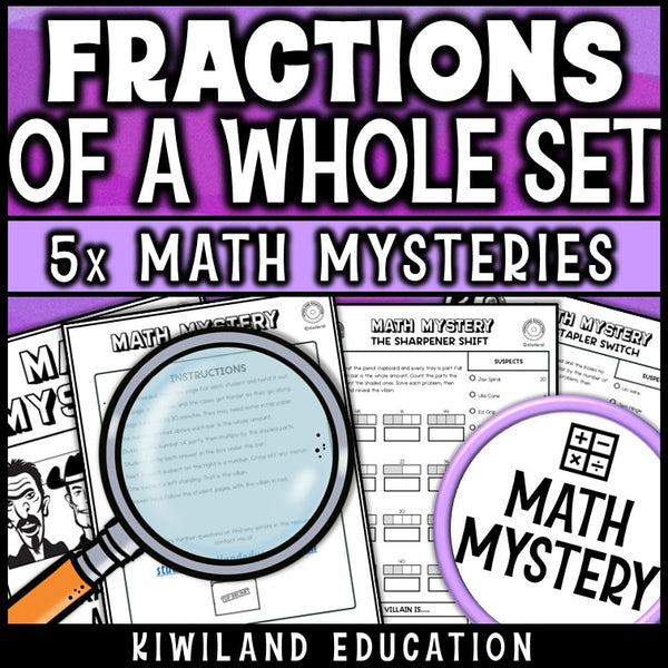 Finding a fraction of a whole set for third grade, no prep printable math mystery pages