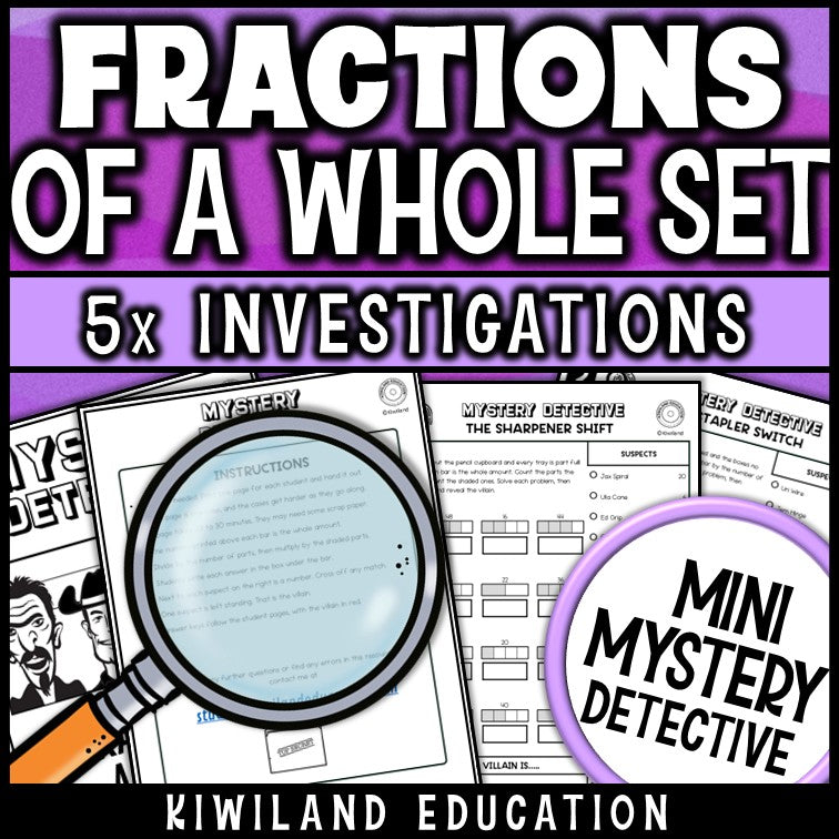 Finding a fraction of a whole set third grade no-prep printable mystery detective pages