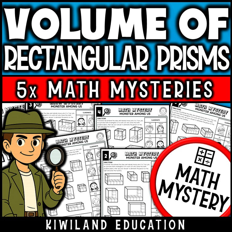 Finding the volume of rectangular prisms math mystery worksheets cover