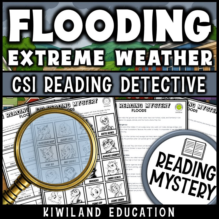 Floods CSI reading mystery suspect line-up and comprehension questions worksheets
