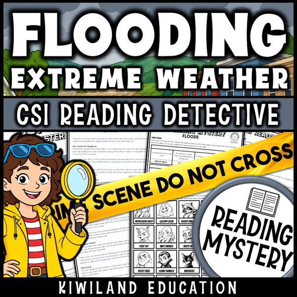 Floods and flooding extreme weather CSI reading comprehension mystery cover for grades 3-6