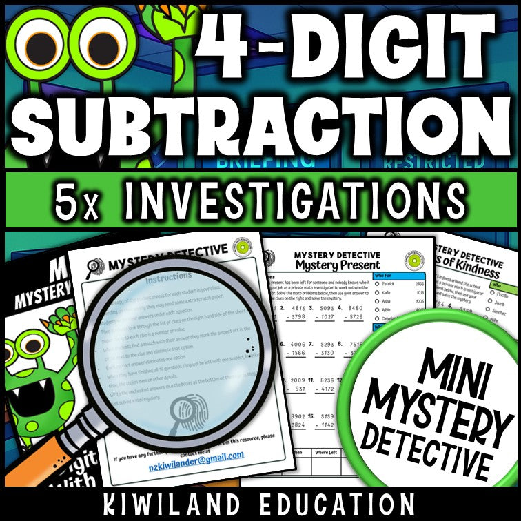 Four digit borrowing practice mystery detective cases