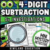 Four digit borrowing practice mystery detective cases