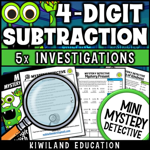 Four digit borrowing practice mystery detective cases