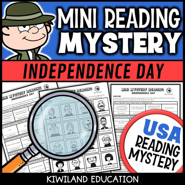 Fourth of July reading mystery comprehension questions worksheet with suspect line-up
