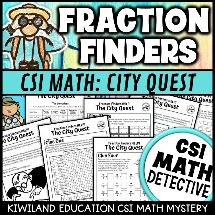 Fraction Finders City Quest CSI Math Mystery cover - fraction word problems, Grades 3-6