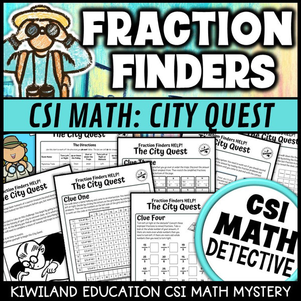 Fraction Finders City Quest CSI Math Mystery cover - fraction word problems, Grades 3-6