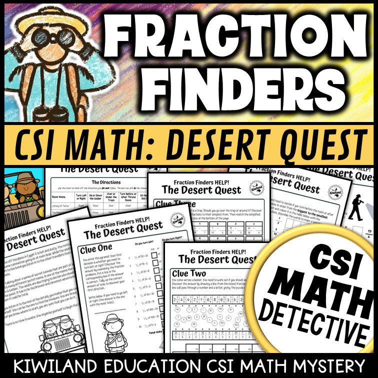 Fraction Finders Desert Quest CSI Math Mystery cover - fractions, Grades 3-6 printable PDF