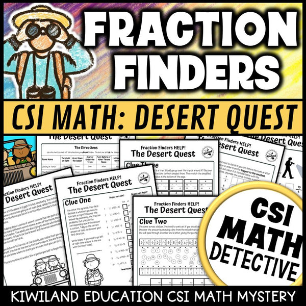 Fraction Finders Desert Quest CSI Math Mystery cover - fractions, Grades 3-6 printable PDF