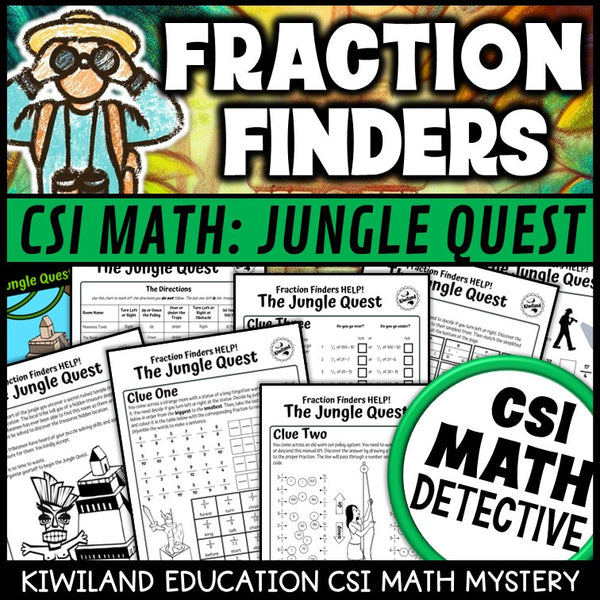 Fraction Finders Jungle Quest CSI Math Mystery cover - fractions, Grades 3-6 printable PDF