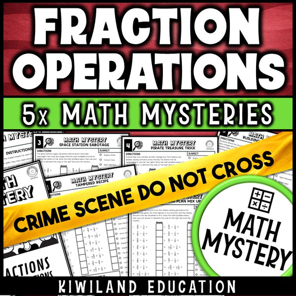 Fraction operations add subtract multiply divide math mystery worksheets cover