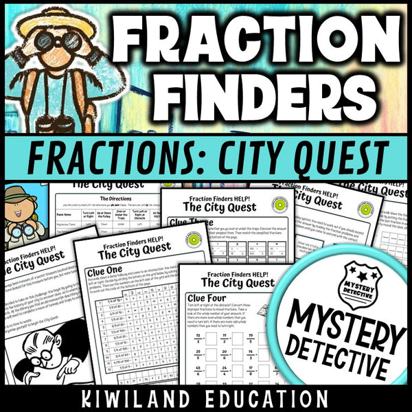 Fraction word problems city quest CSI mystery detective grades 3-6