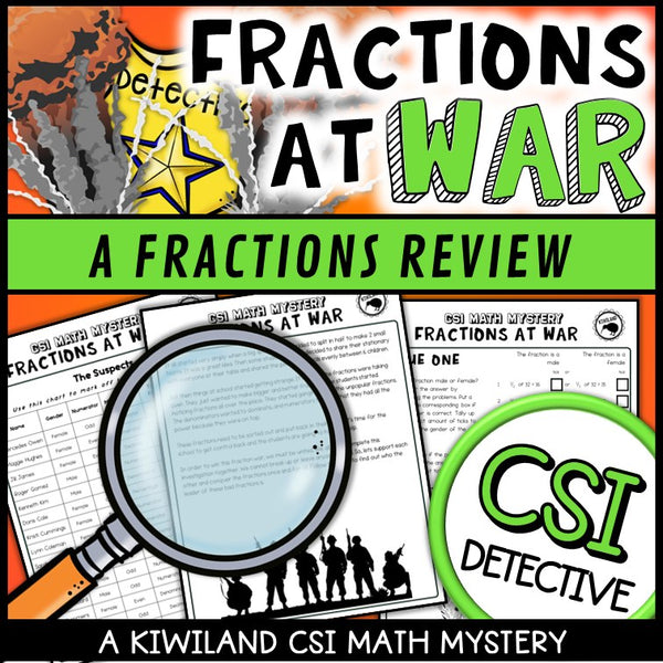 Fractions at War clue worksheet pages - fractions of a number, adding, comparing