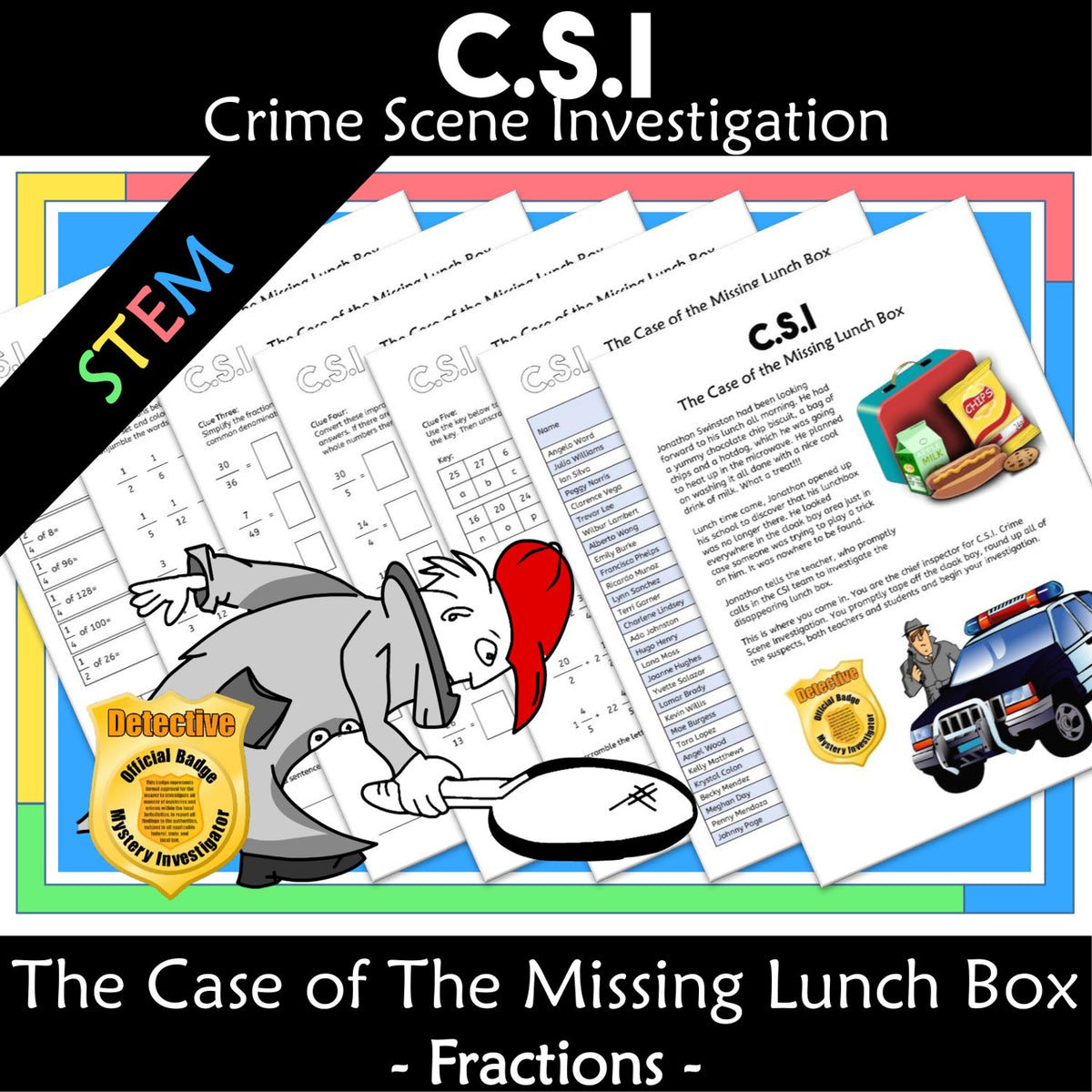 Fractions clue worksheet pages - Missing Lunchbox CSI math mystery