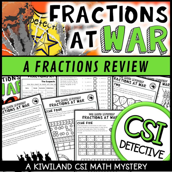 Fractions Review CSI Math Mystery cover - Fractions at War, Grades 4-8 printable PDF