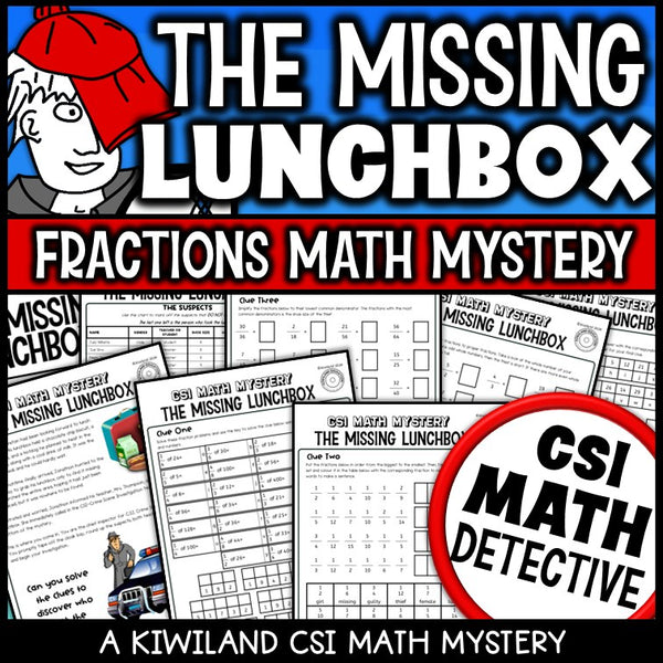 The Missing Lunchbox fractions CSI Math Mystery cover for Grades 4 to 6, printable PDF