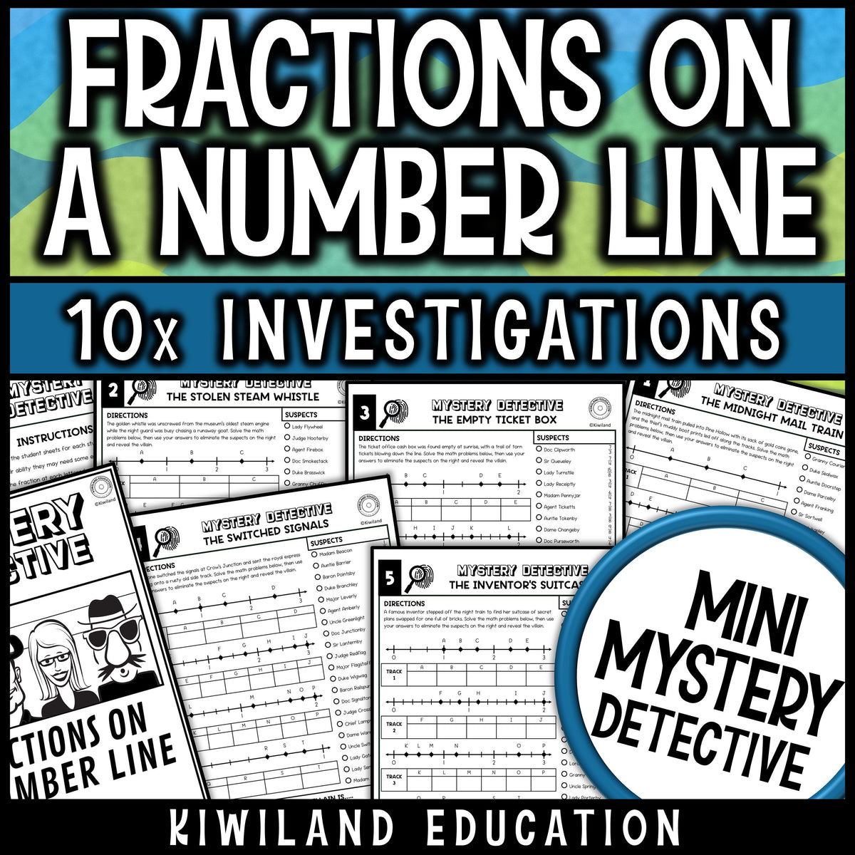 Fractions on a number line worksheets for 3rd grade math, ten no prep train detective cases